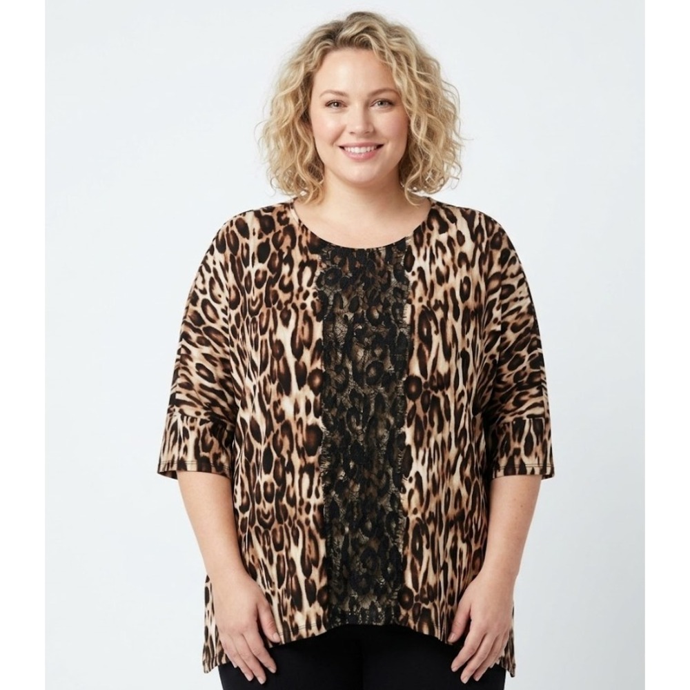 Chico's Brown Leopard Print Round Neck‎ Stretch Lace Detail Tunic Large
